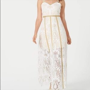 NEW FOXIEDOX LACE OVERLAY MAXI DRESS WHITE METALLIC GOLD EYELASH HEM | Small